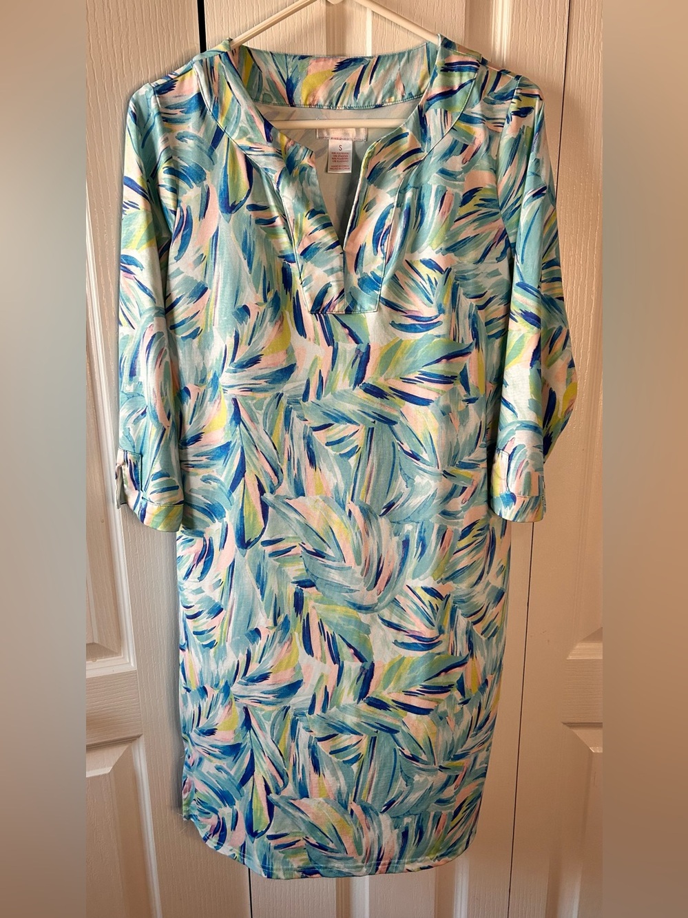 Stella Parker Women’s Small Blue Watercolor Print V-Neck Swim Coverup Mini Dress